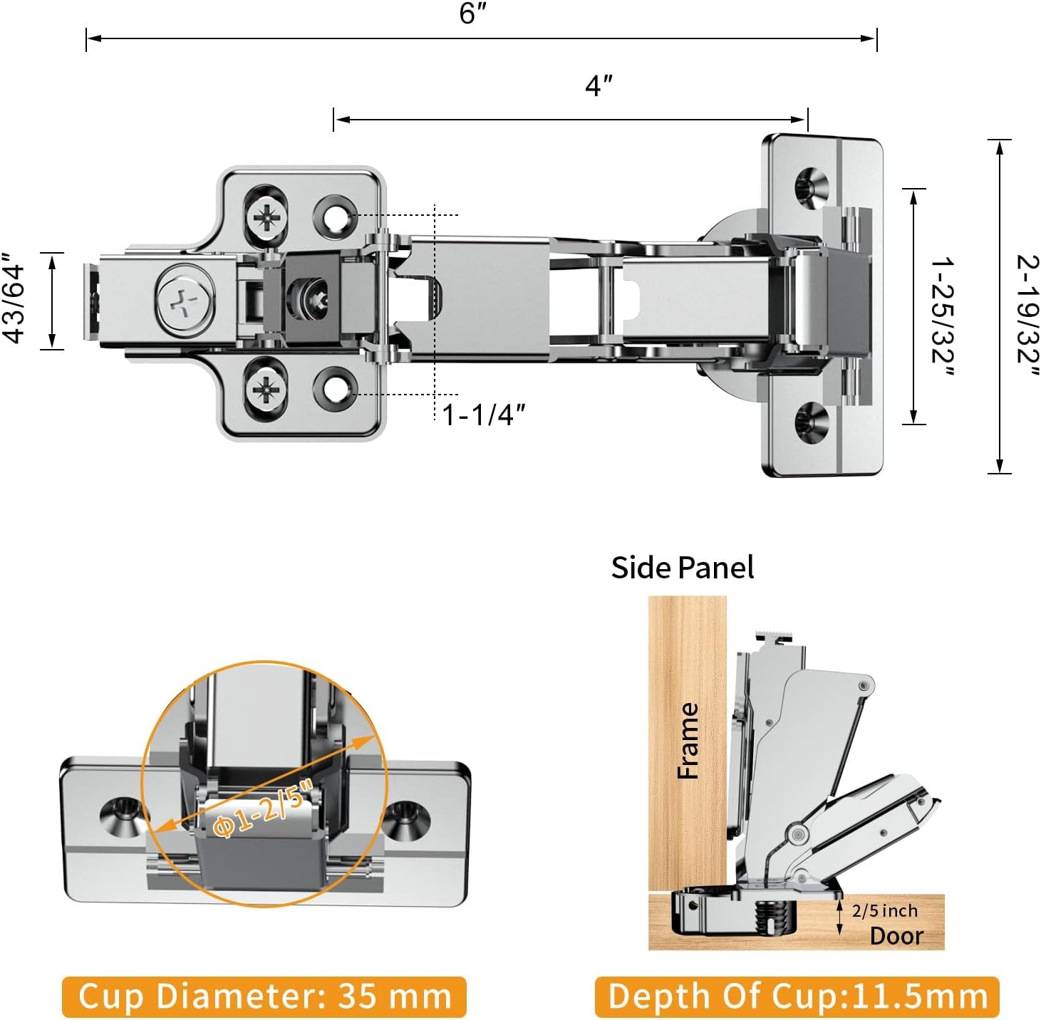 image:imageChibery 4 Pack 165 Degree Lazy Susan Hinge Face Frame CLIP ON Plate for Easy Installation Soft Close Multipivot Concealed hardware for Corner Kitchen Cabinet Cupboard Folded Folden Door Closets165 Frameless