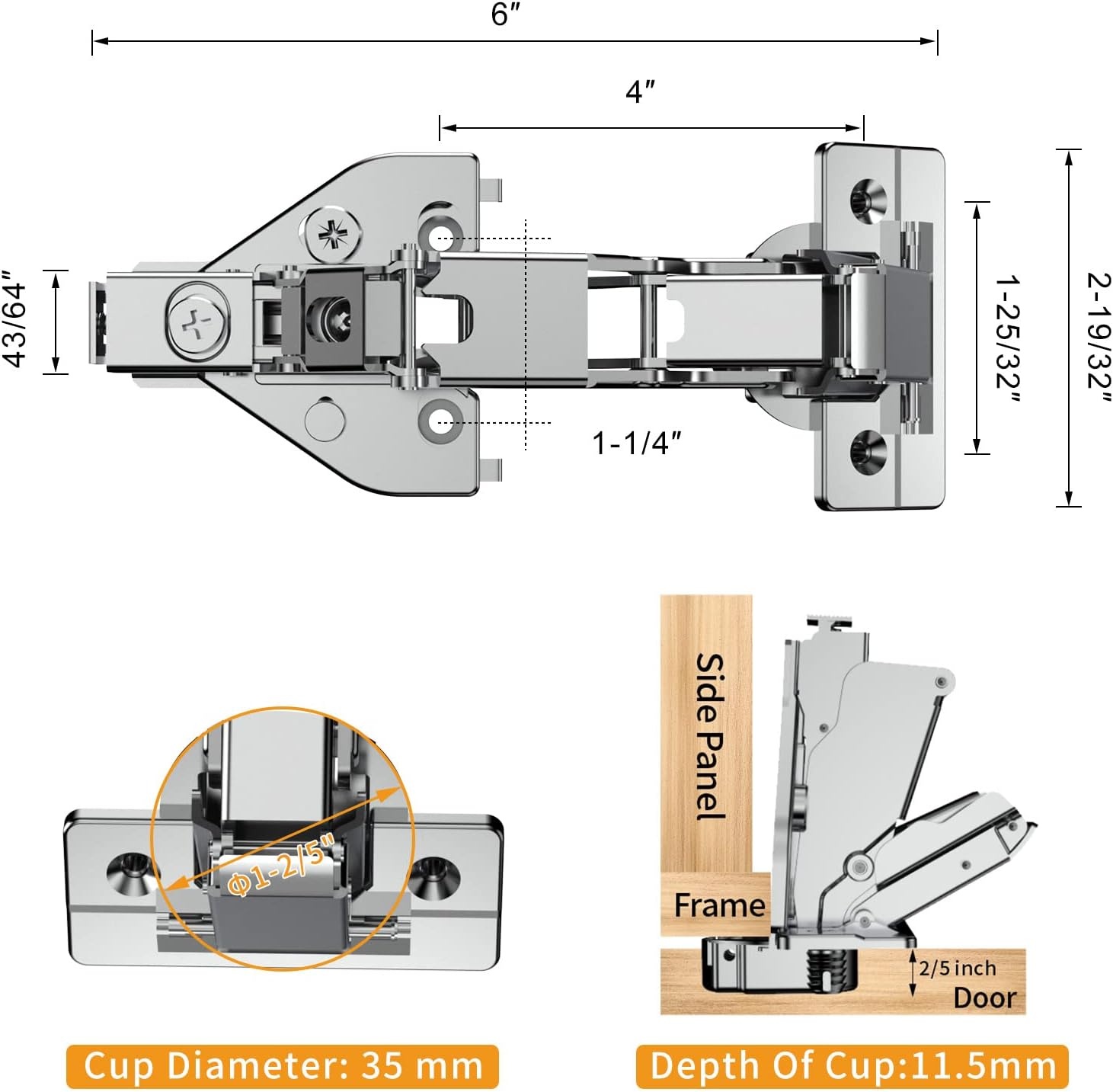 image:imageChibery 4 Pack 165 Degree Lazy Susan Hinge Face Frame CLIP ON Plate for Easy Installation Soft Close Multipivot Concealed hardware for Corner Kitchen Cabinet Cupboard Folded Folden Door Closets165